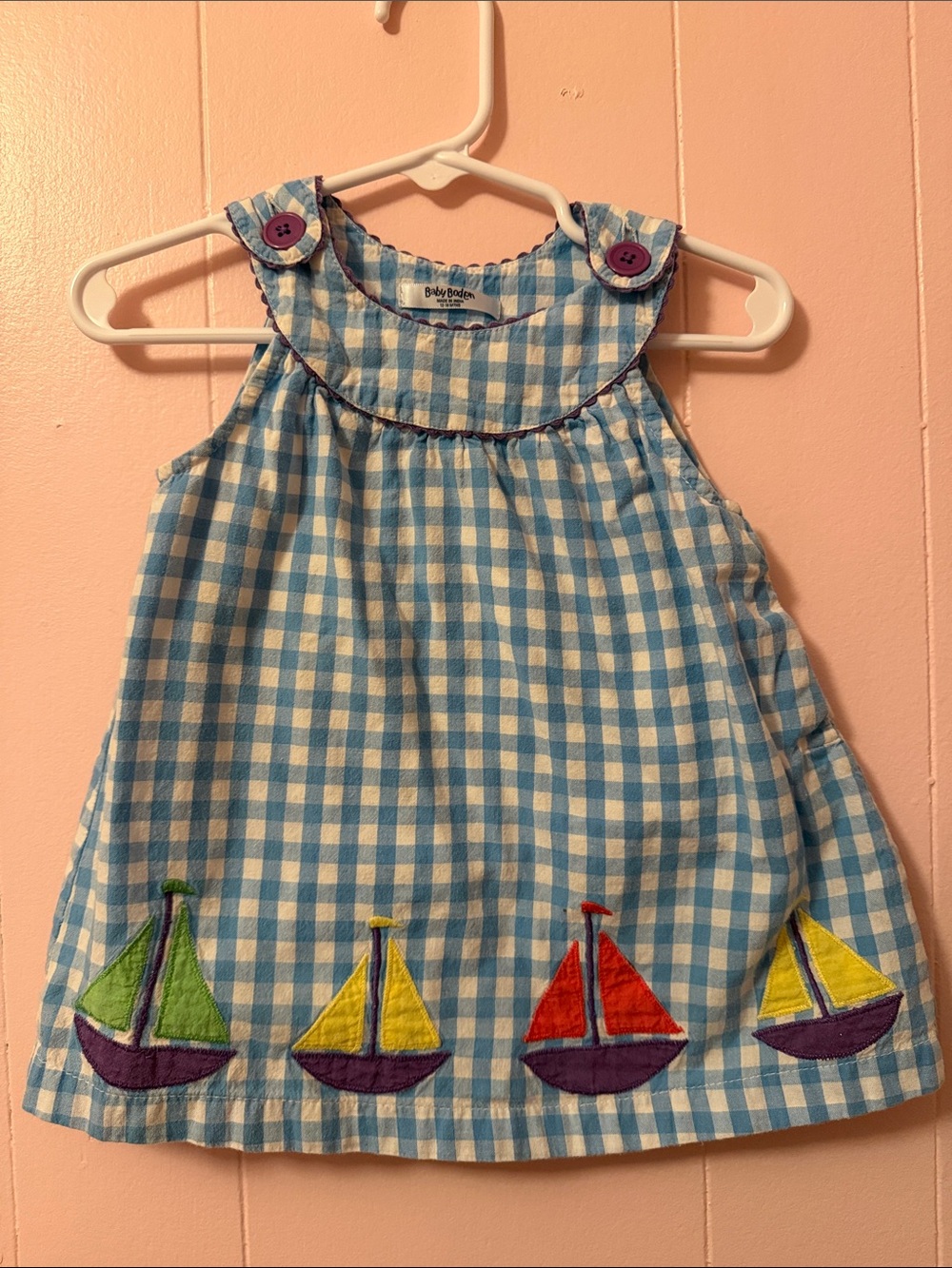 Baby Boden Blue Gingham Sailboat Appliqué Dress